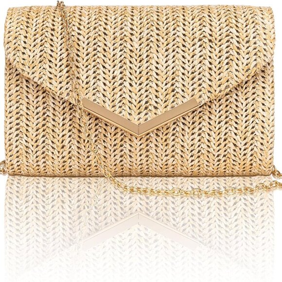 Straw Purse for Women, Summer Woven Beach Purse Trendy with Chain Strap, Boho En - Picture 1 of 7